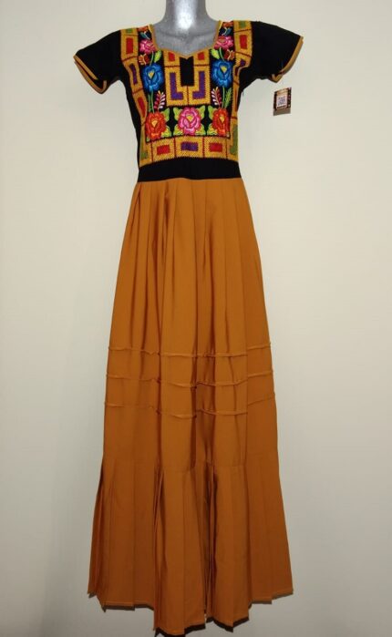 vestido color negro con mostaza bordado flores de colores y cadenilla